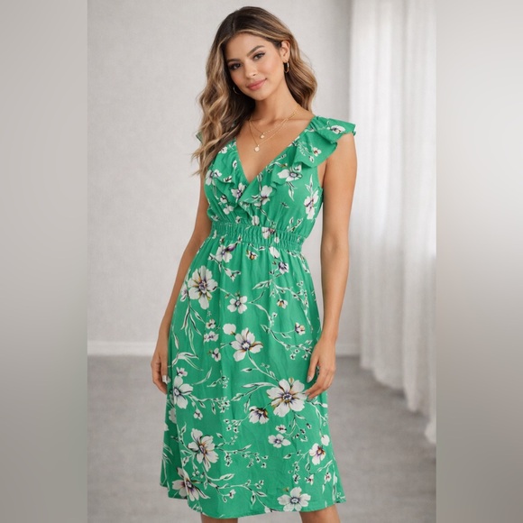 Maurices Dresses & Skirts - Maurices Floral Midi Dress Green Ruffle V-Neck Size M